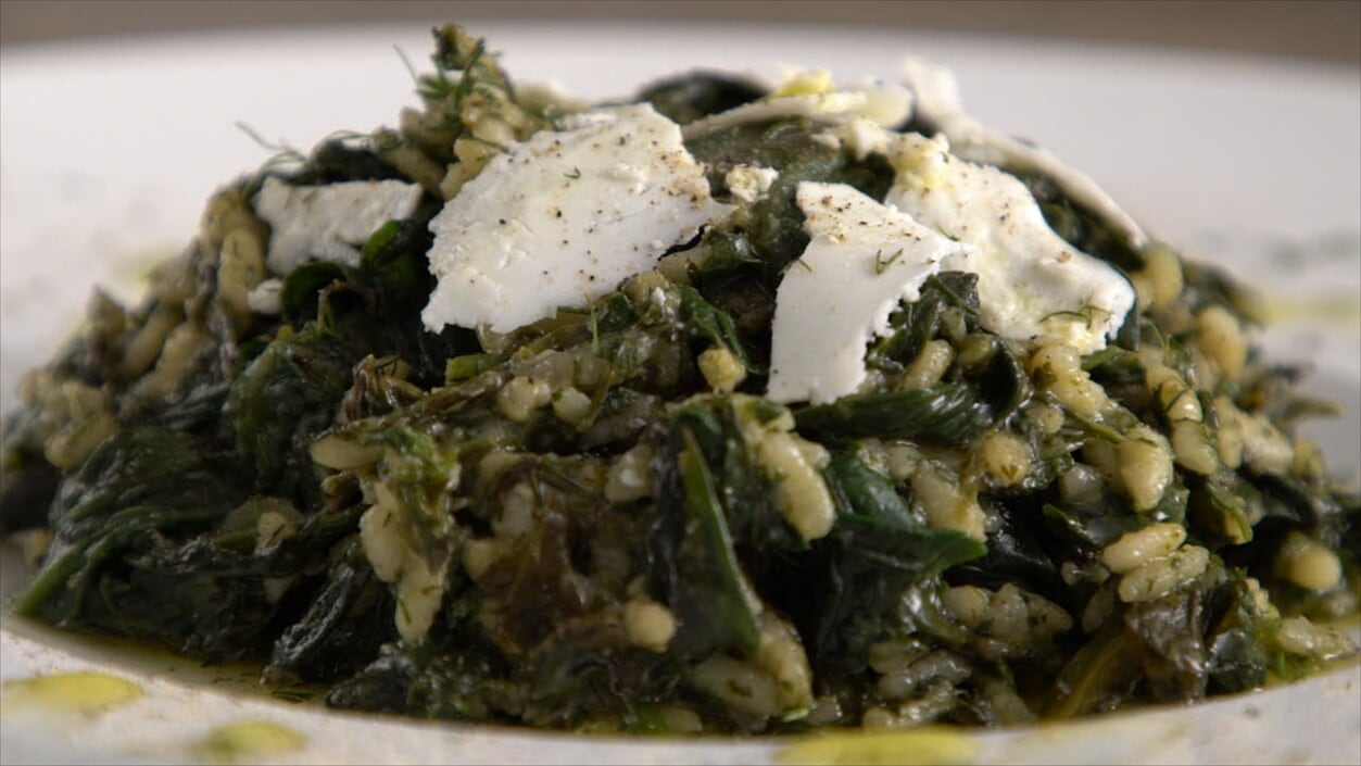 Wild Greens Risotto with Vrisi 36 Delicate Extra Virgin Greek Olive Oil